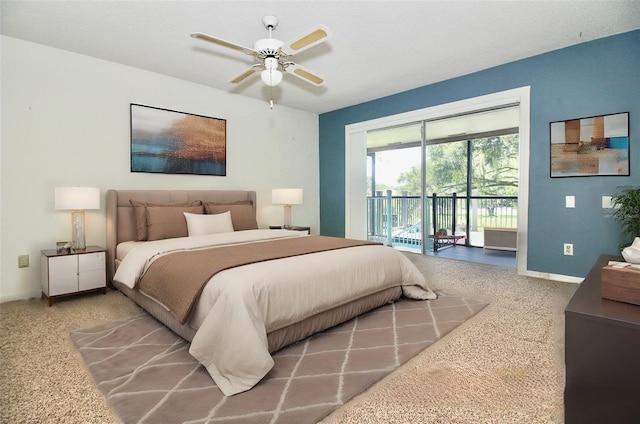 bedroom featuring carpet floors, access to exterior, and ceiling fan