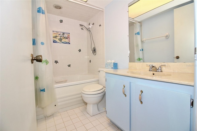 bathroom with vanity, tile patterned floors, shower / bath combination with curtain, and toilet