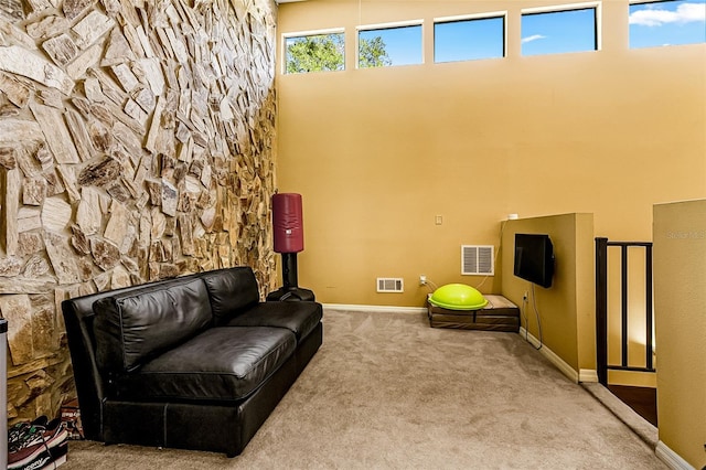 sitting room featuring carpet floors and a high ceiling