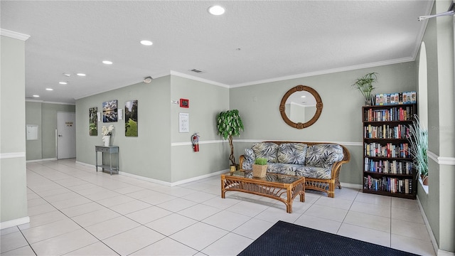 tiled living room with crown molding