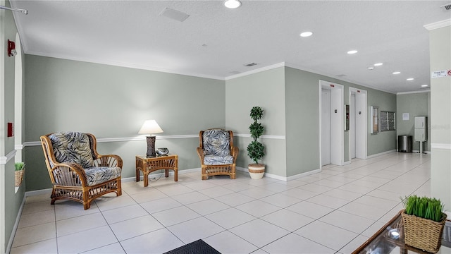 living area featuring light tile patterned floors, elevator, and ornamental molding