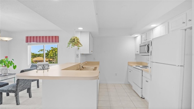 kitchen with kitchen peninsula, sink, white cabinets, light tile patterned floors, and white appliances