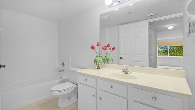 full bathroom with tile patterned flooring, shower / washtub combination, a textured ceiling, toilet, and vanity