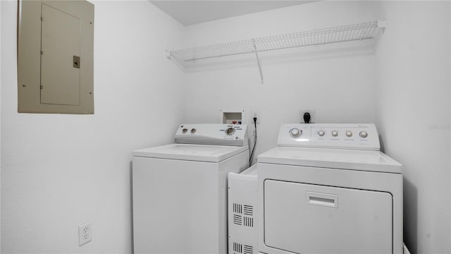 laundry area with electric panel and washing machine and clothes dryer