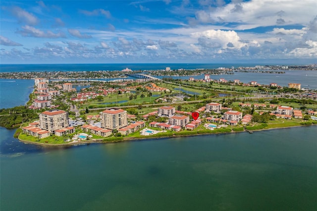 drone / aerial view with a water view