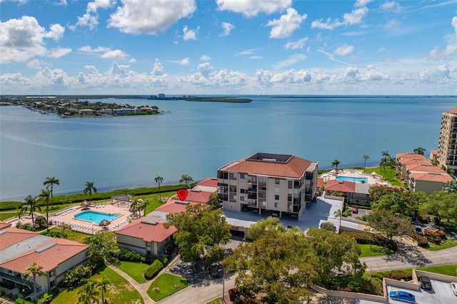 drone / aerial view featuring a water view