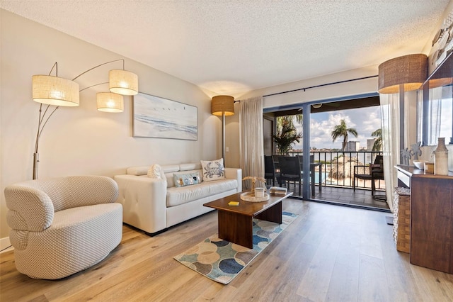 living room with a textured ceiling and light hardwood / wood-style floors