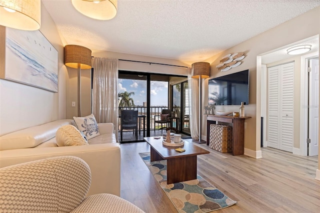 living room featuring hardwood / wood-style floors and a textured ceiling