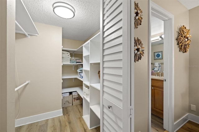 walk in closet with light hardwood / wood-style flooring