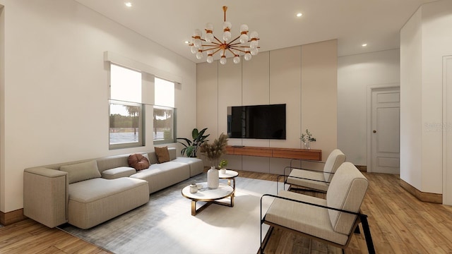 living room featuring light hardwood / wood-style flooring and an inviting chandelier