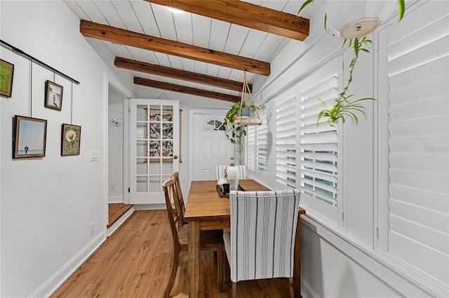 dining area featuring vaulted ceiling with beams, hardwood / wood-style flooring, and wood ceiling