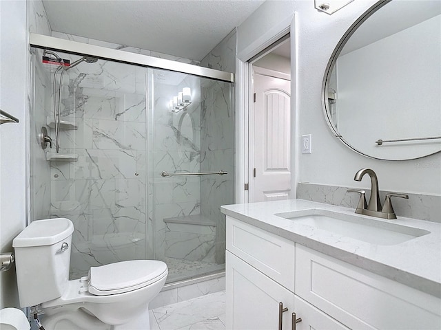 bathroom featuring vanity, toilet, tile patterned flooring, and an enclosed shower