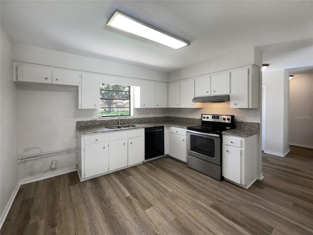 kitchen featuring electric stove, white cabinets, dishwasher, and sink