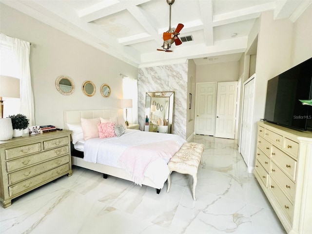 9060 Heritage Bay Cir, Orlando, FL 32836 - bedroom featuring coffered ceiling, visible vents, marble finish floor, beamed ceiling, and ceiling fan