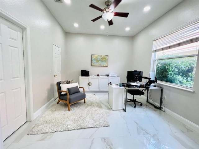 9060 Heritage Bay Cir, Orlando, FL 32836 - office area with marble finish floor, baseboards, recessed lighting, and a ceiling fan