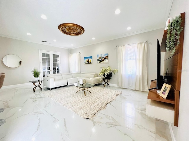 9060 Heritage Bay Cir, Orlando, FL 32836 - living room with marble finish floor, recessed lighting, and ornamental molding