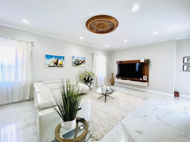 9060 Heritage Bay Cir, Orlando, FL 32836 - living area featuring marble finish floor, a wealth of natural light, recessed lighting, and ornamental molding