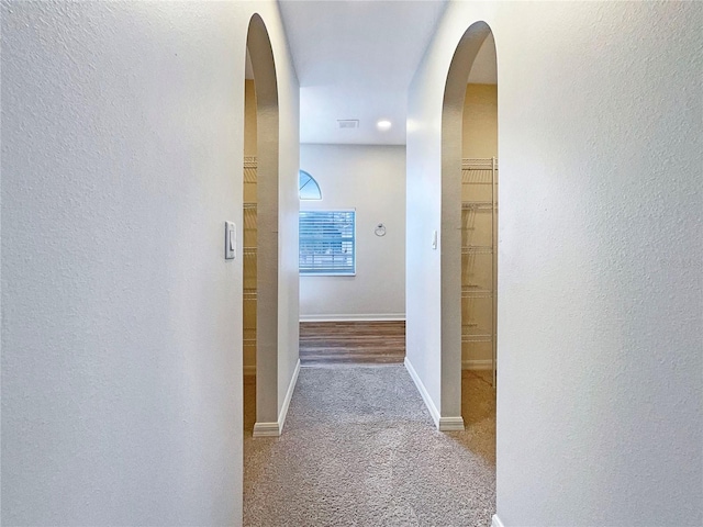 3444 97th Ln E, Palmetto, FL 34221 - hall with arched walkways, a textured wall, and carpet