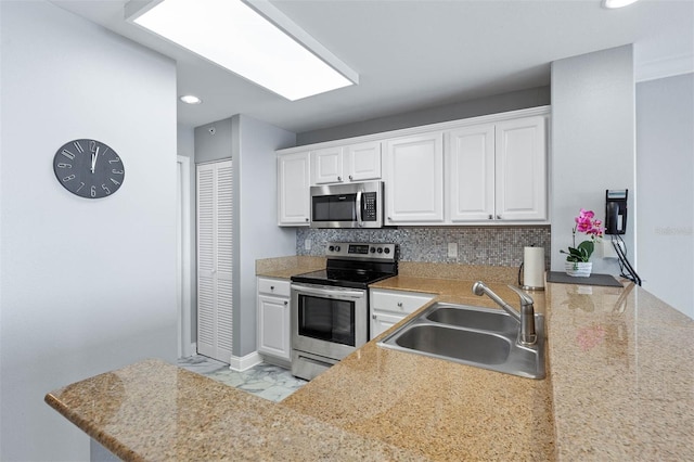 kitchen with sink, white cabinets, tasteful backsplash, kitchen peninsula, and appliances with stainless steel finishes