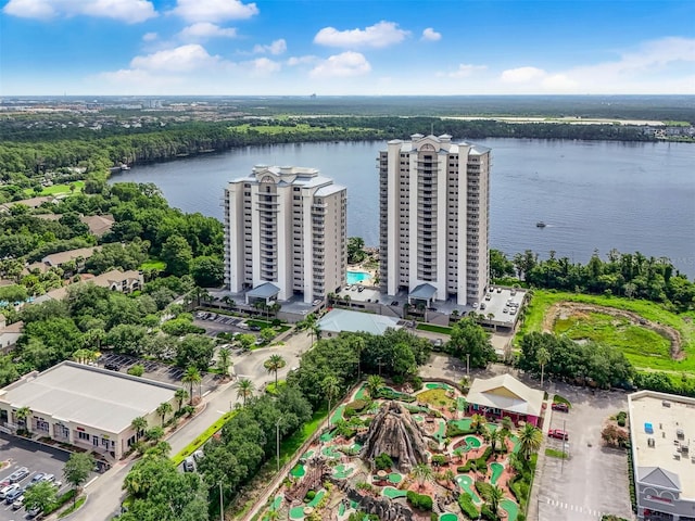 birds eye view of property featuring a water view