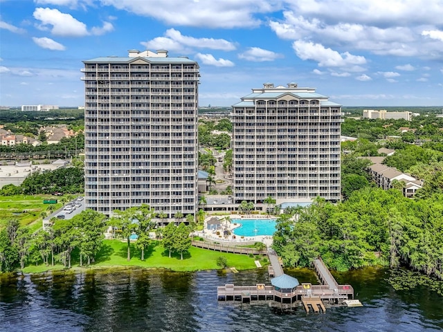 drone / aerial view featuring a water view