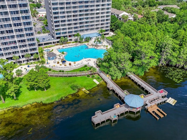 drone / aerial view with a water view