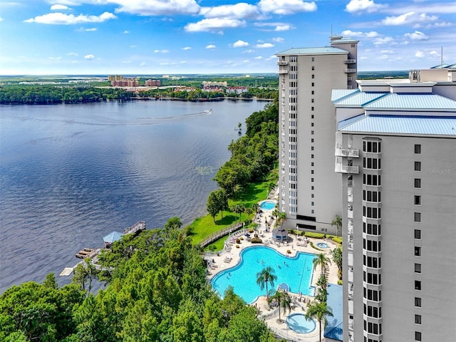 drone / aerial view featuring a water view