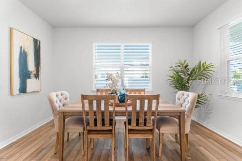 dining space featuring hardwood / wood-style flooring and a healthy amount of sunlight