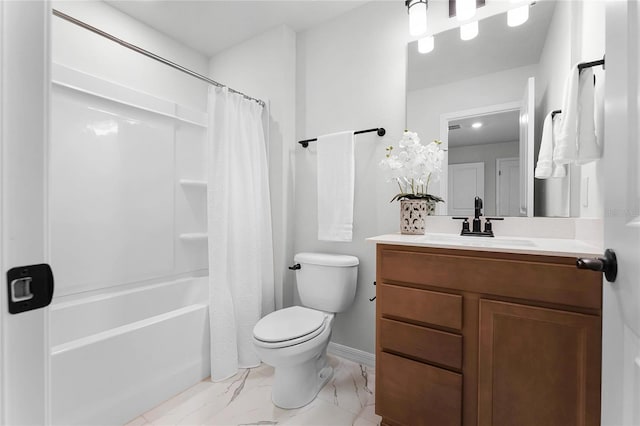 full bathroom with vanity, toilet, and shower / bathtub combination with curtain