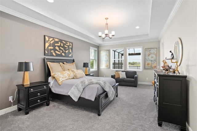 bedroom featuring an inviting chandelier, light colored carpet, a raised ceiling, and ornamental molding