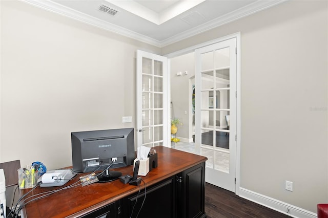 office with dark hardwood / wood-style floors, crown molding, and french doors