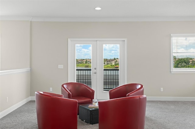 living area with light carpet and ornamental molding