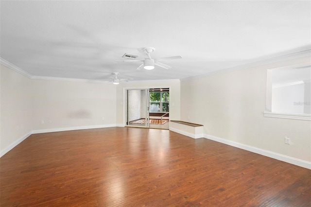 unfurnished room featuring crown molding, dark wood-type flooring, and ceiling fan