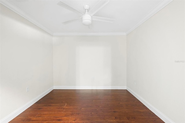 unfurnished room with ceiling fan, dark hardwood / wood-style flooring, and crown molding