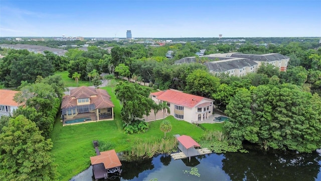 drone / aerial view featuring a water view