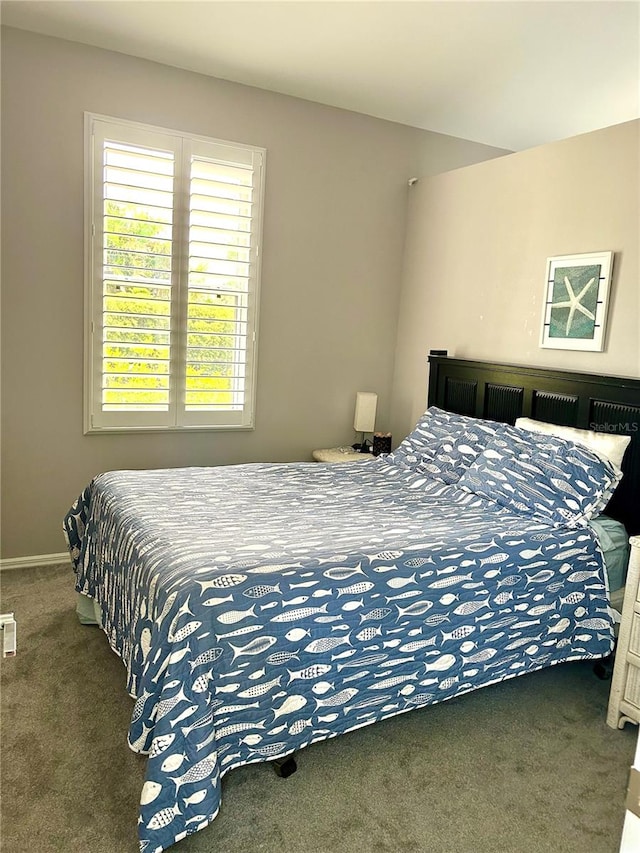 bedroom with dark colored carpet