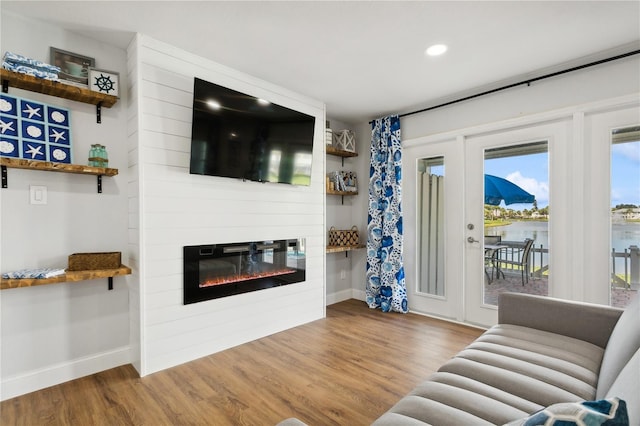 living room featuring a fireplace and light wood-type flooring