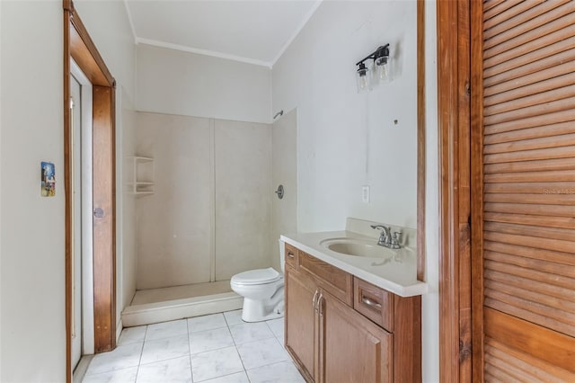 bathroom featuring toilet, vanity, walk in shower, crown molding, and tile patterned floors