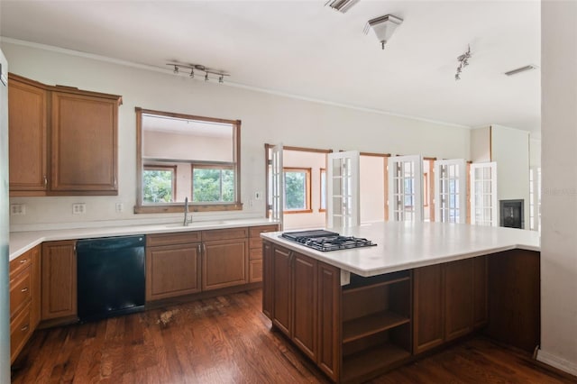 kitchen with sink, dark hardwood / wood-style floors, black dishwasher, french doors, and stainless steel gas stovetop