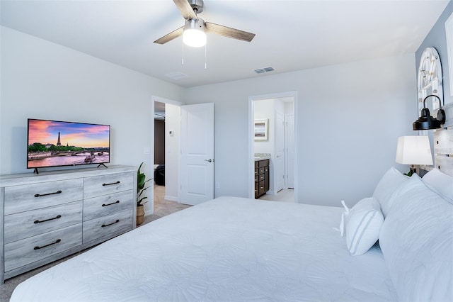 bedroom featuring connected bathroom and ceiling fan