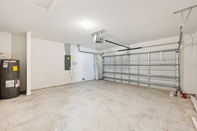 garage featuring a garage door opener, electric water heater, and electric panel