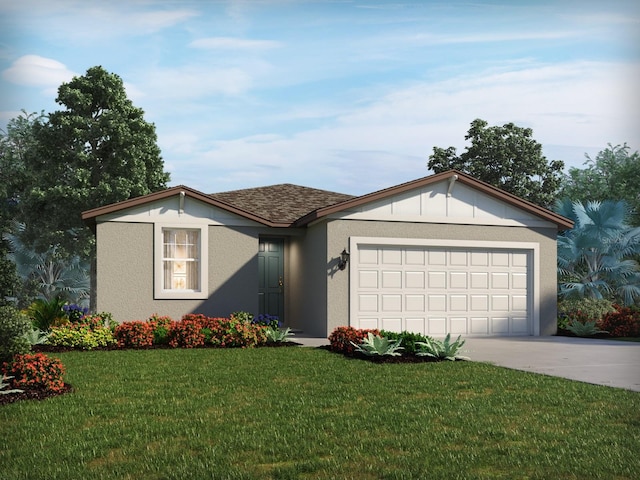 single story home featuring a garage and a front lawn