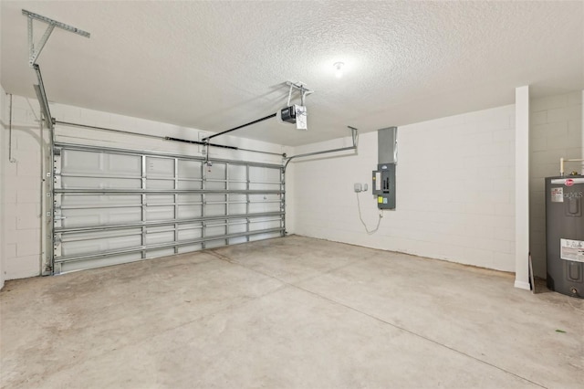 garage featuring a garage door opener, electric water heater, and electric panel