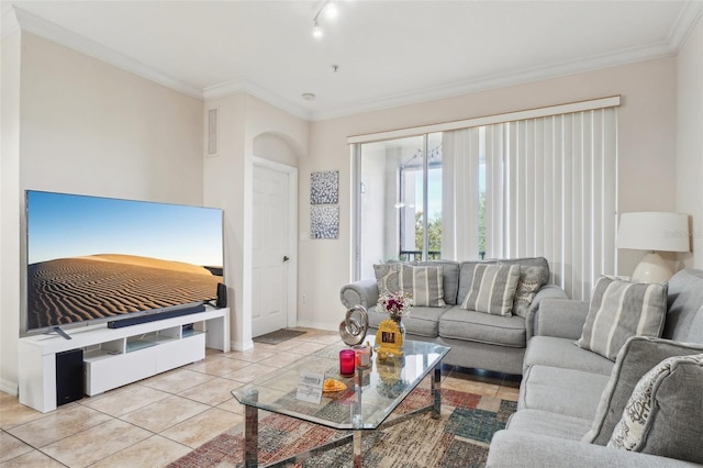 tiled living room featuring ornamental molding