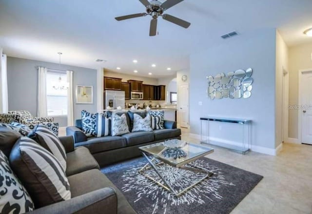 living room with ceiling fan