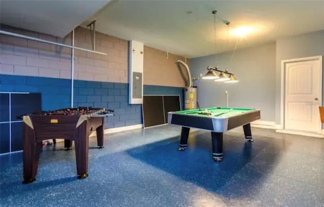 recreation room with electric panel, pool table, and water heater