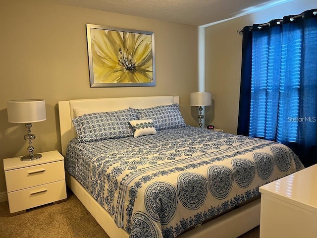 bedroom featuring carpet floors and a textured ceiling