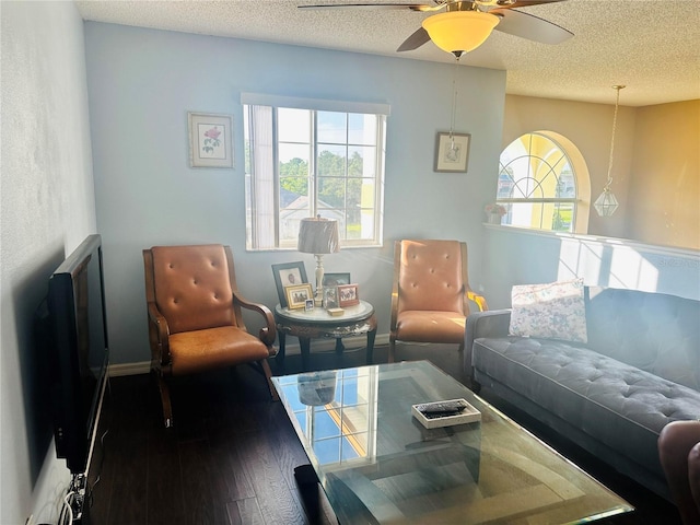 living room with a textured ceiling, wood-type flooring, and ceiling fan