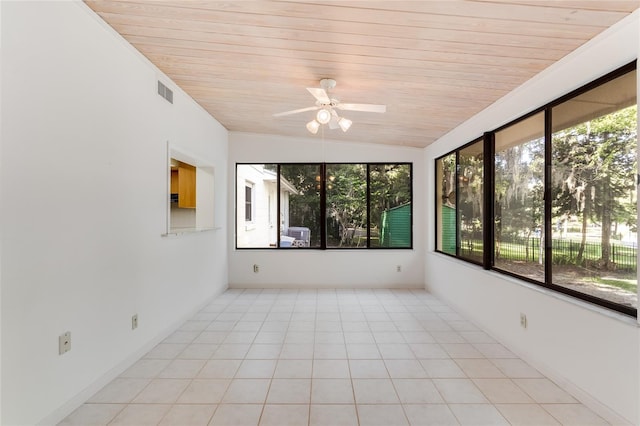 unfurnished sunroom with ceiling fan, plenty of natural light, and wood ceiling