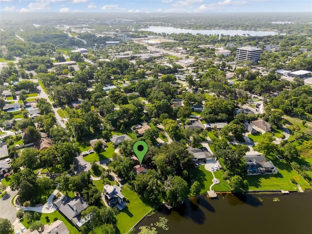 bird's eye view with a water view